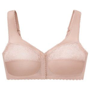 Glamorise 44C MAGIC LIFT Bra FRONT-CLOSE Wireless-Support LACE-CUPS Nude NEW
